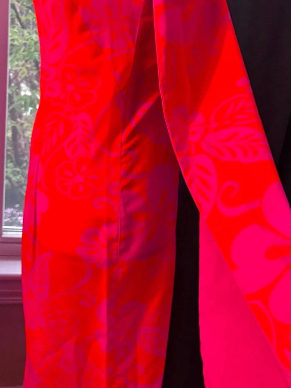 Vintage Vibrant Pink and Orange Floral Midi Dress w/Tie-Shoulder Detail -Size 8